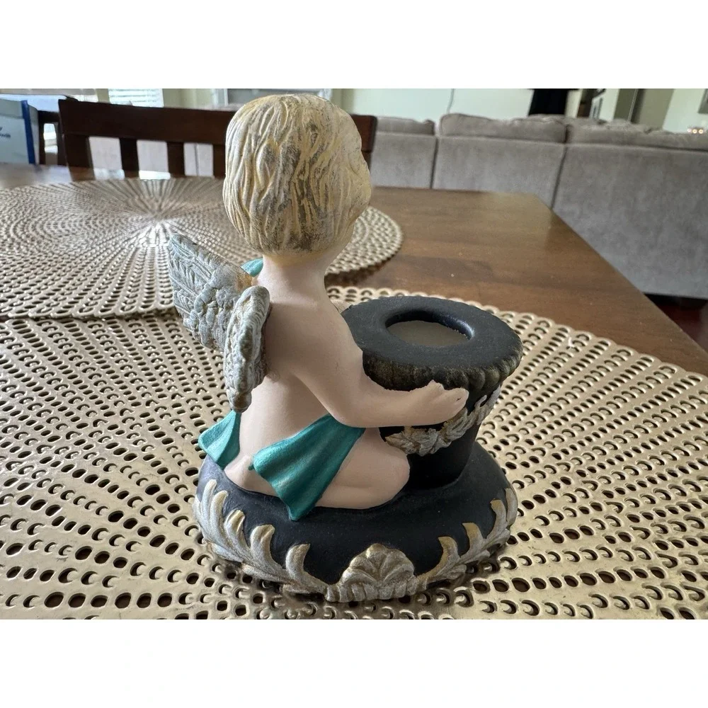 Scioto Ceramic Cherub Angel Candle Holder Hand Painted Teal Wings Black Gold